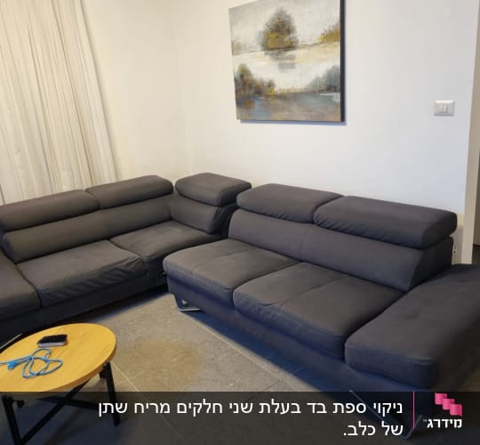 ספות אפורות בחדר עם שולחן קטן